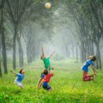 four boy playing ball on green grass